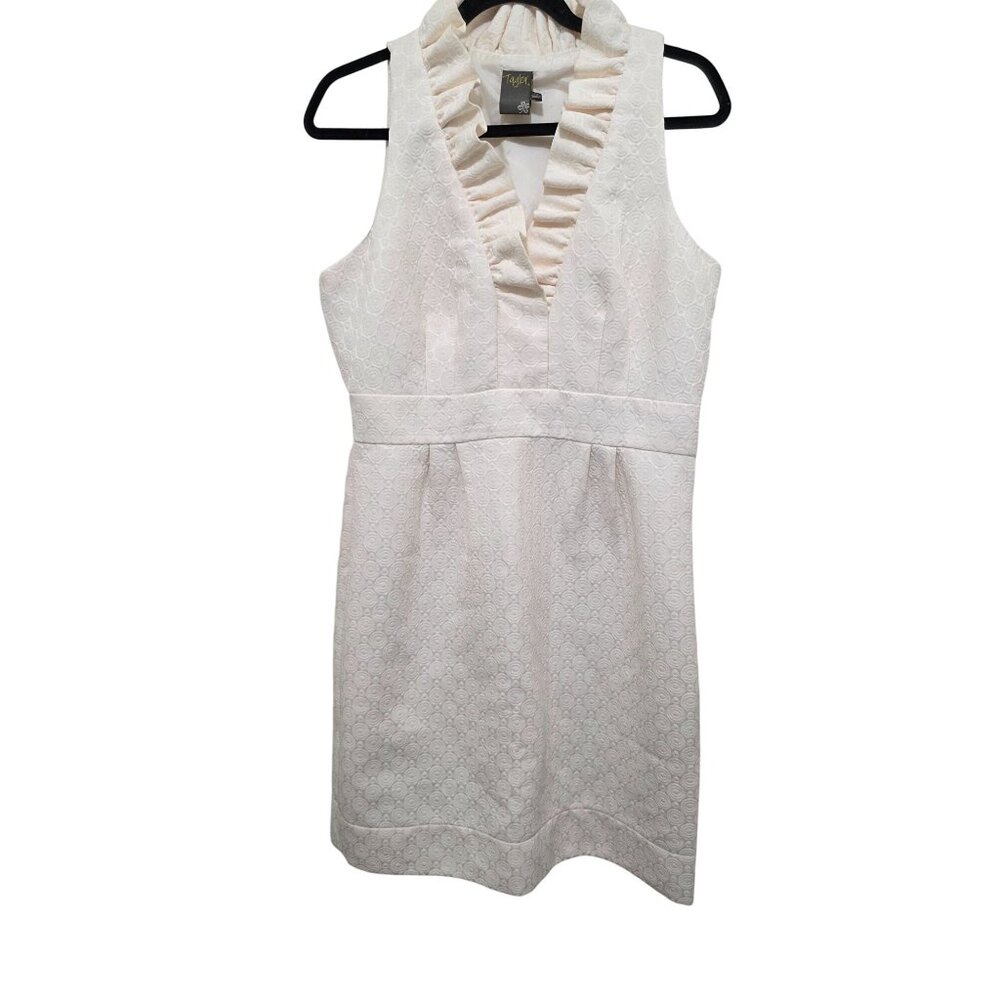 Taylor Women's Sleeveless Ruffled V-Neck Feminine Dress Ivory Knee Length Sz 12